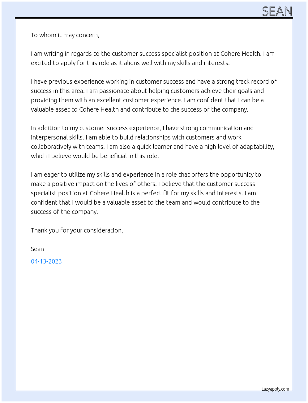 Customer success specialist At Cohere Health Cover Letter