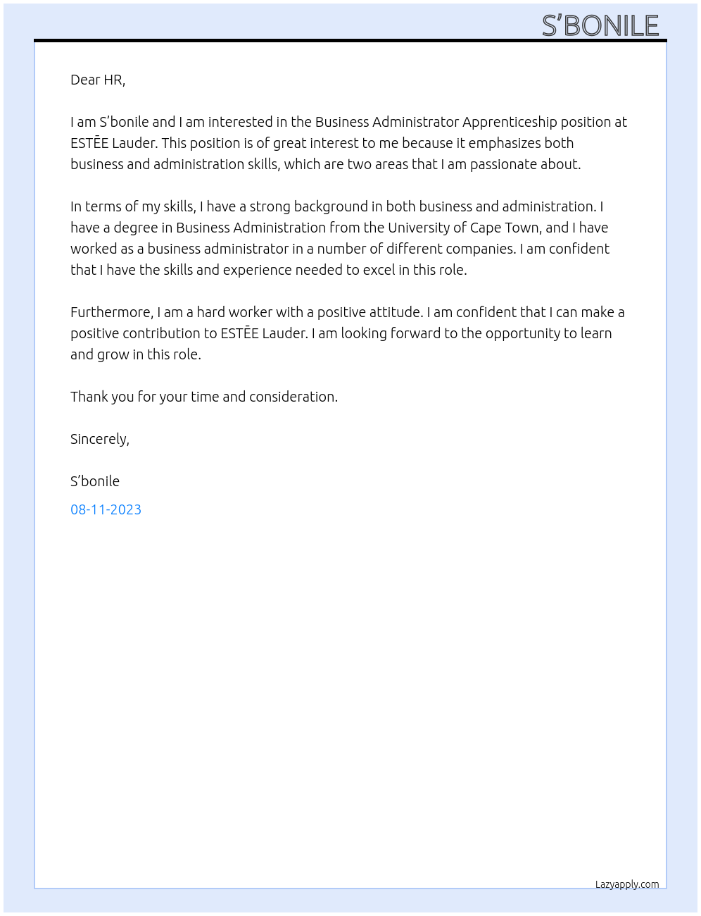 Business Administrator Apprenticeship  At ESTĒE Lauder  Cover Letter