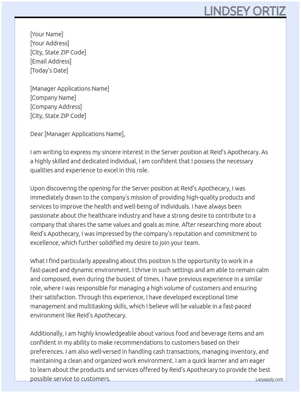 server At Reid’s apothecary Cover Letter