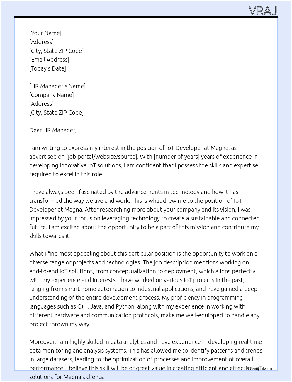 IoT Developer At Magna Cover Letter