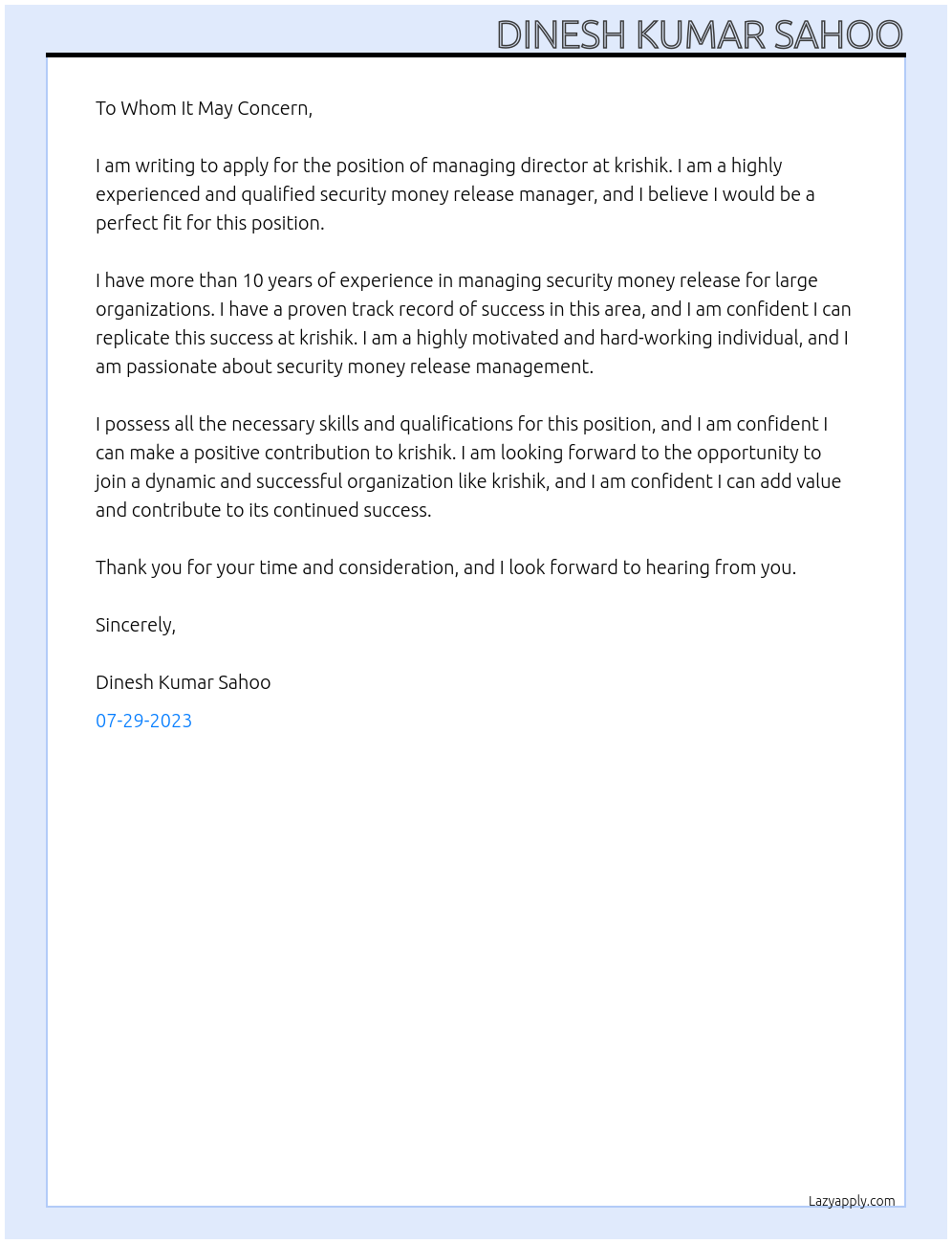 managing director At krishik Cover Letter