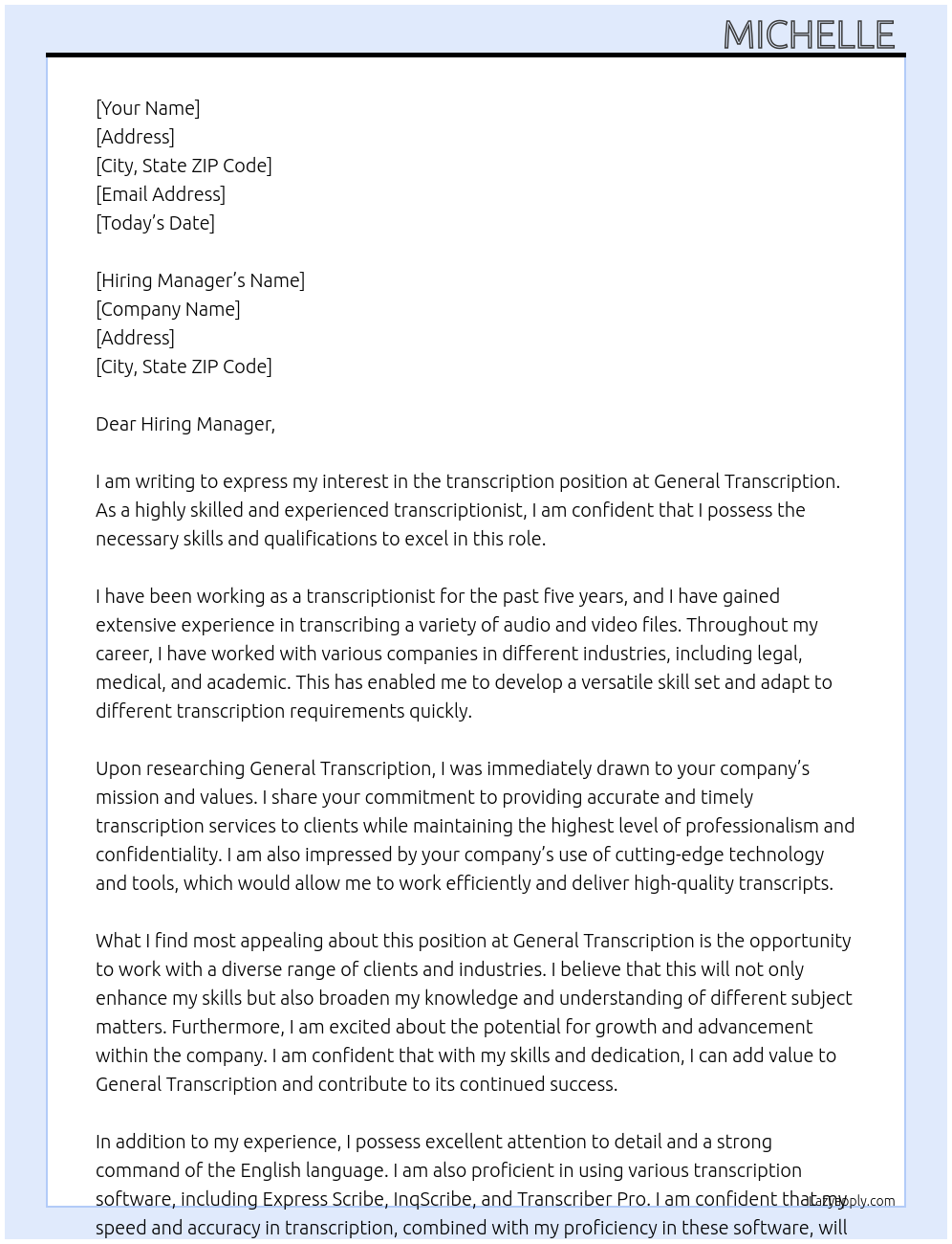 transcription At General transription Cover Letter