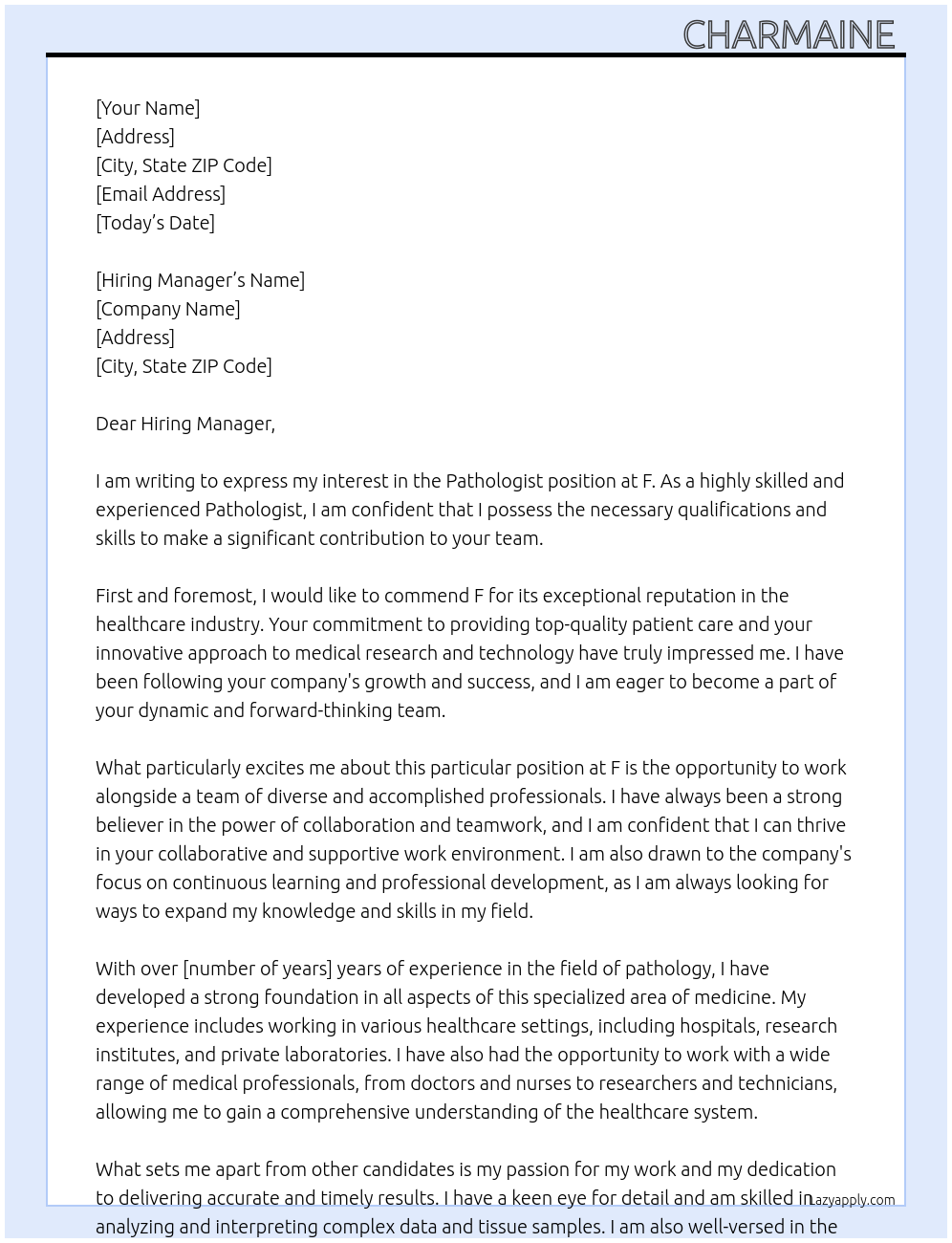 Pathologist At F Cover Letter