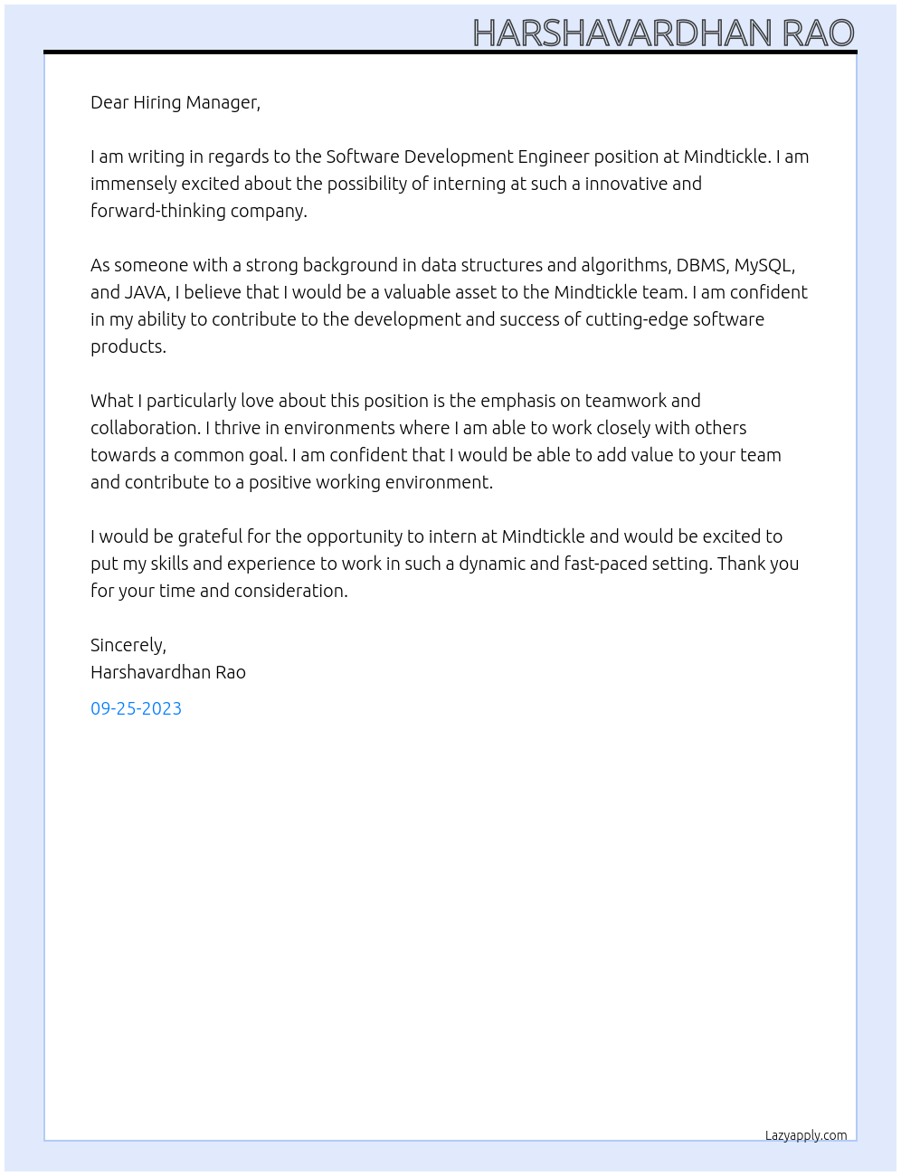 Software Development Engineer At Mindtickle Cover Letter