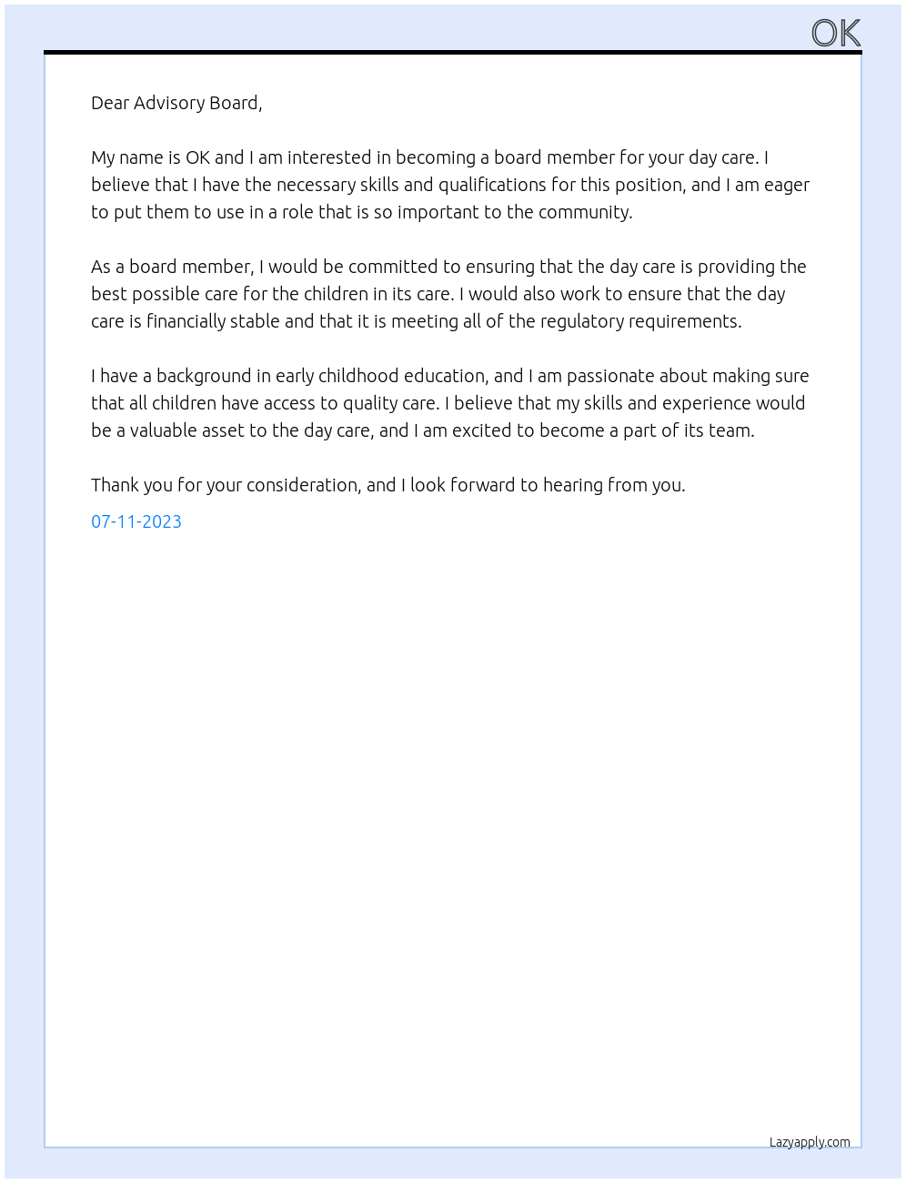 Board member At day care Cover Letter