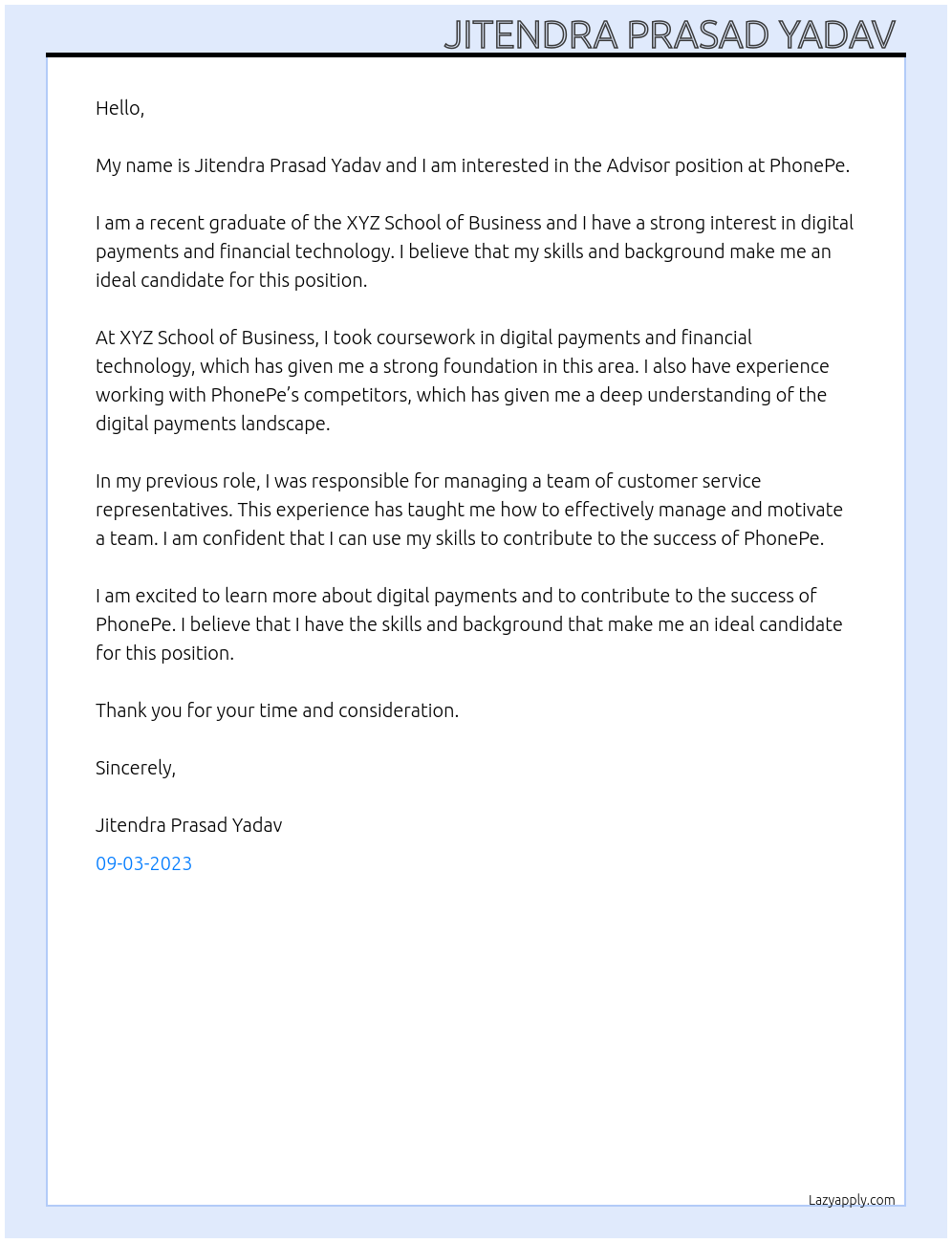 Advisor At PhonePe Cover Letter