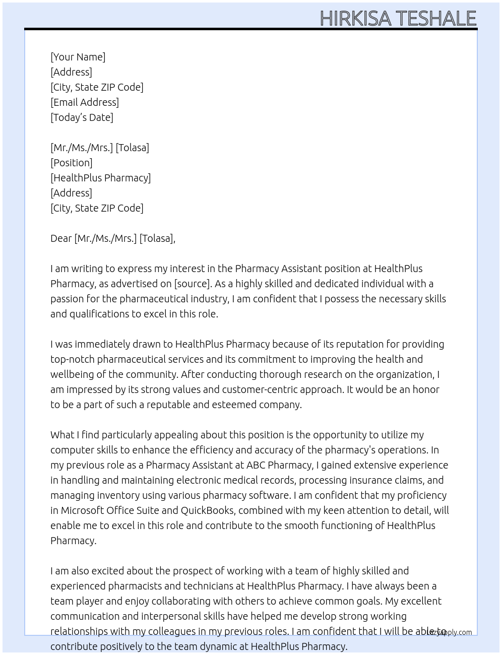 Pharmacy Assistant At HealthPlus Pharmacy Cover Letter