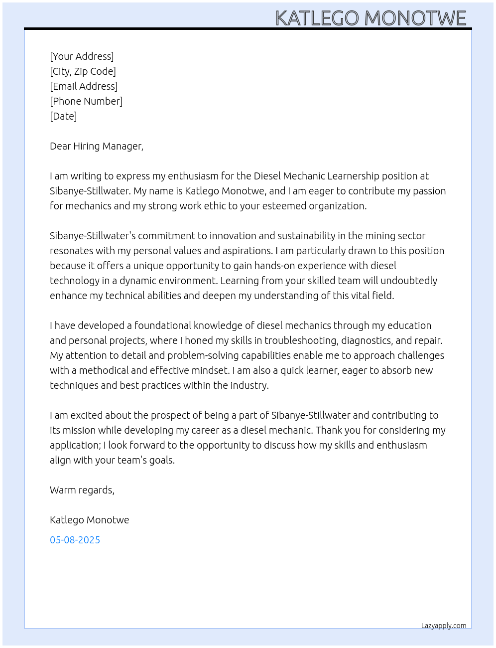 Diesel Mechanic Learnership  At Sibanye-stillwater Cover Letter