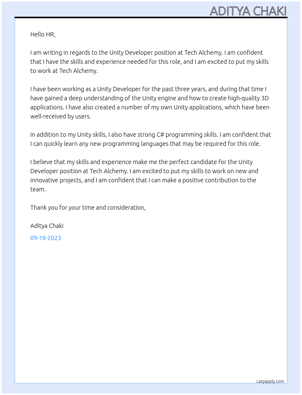 Unity Developer At Tech Alchemy Cover Letter