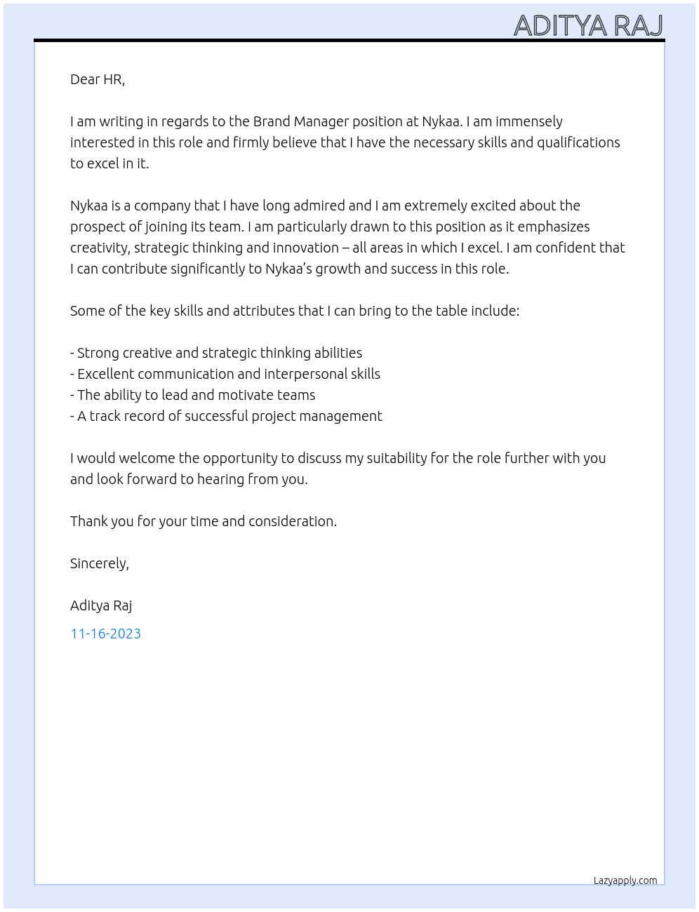 Brand Manager At Nykaa Cover Letter