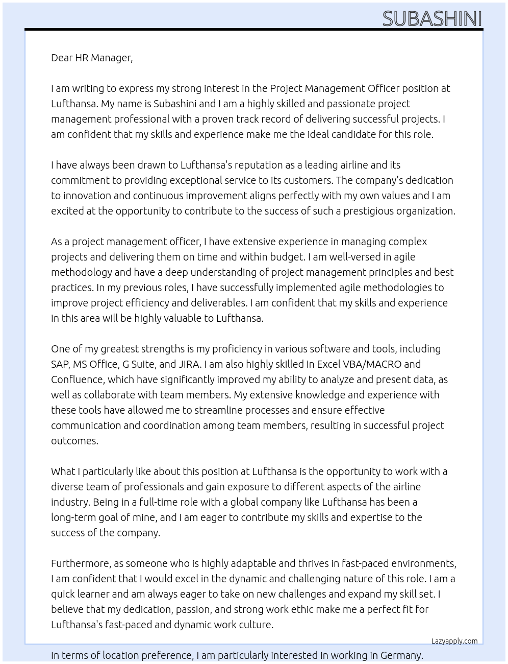 project Management Officer At lufthansa Cover Letter