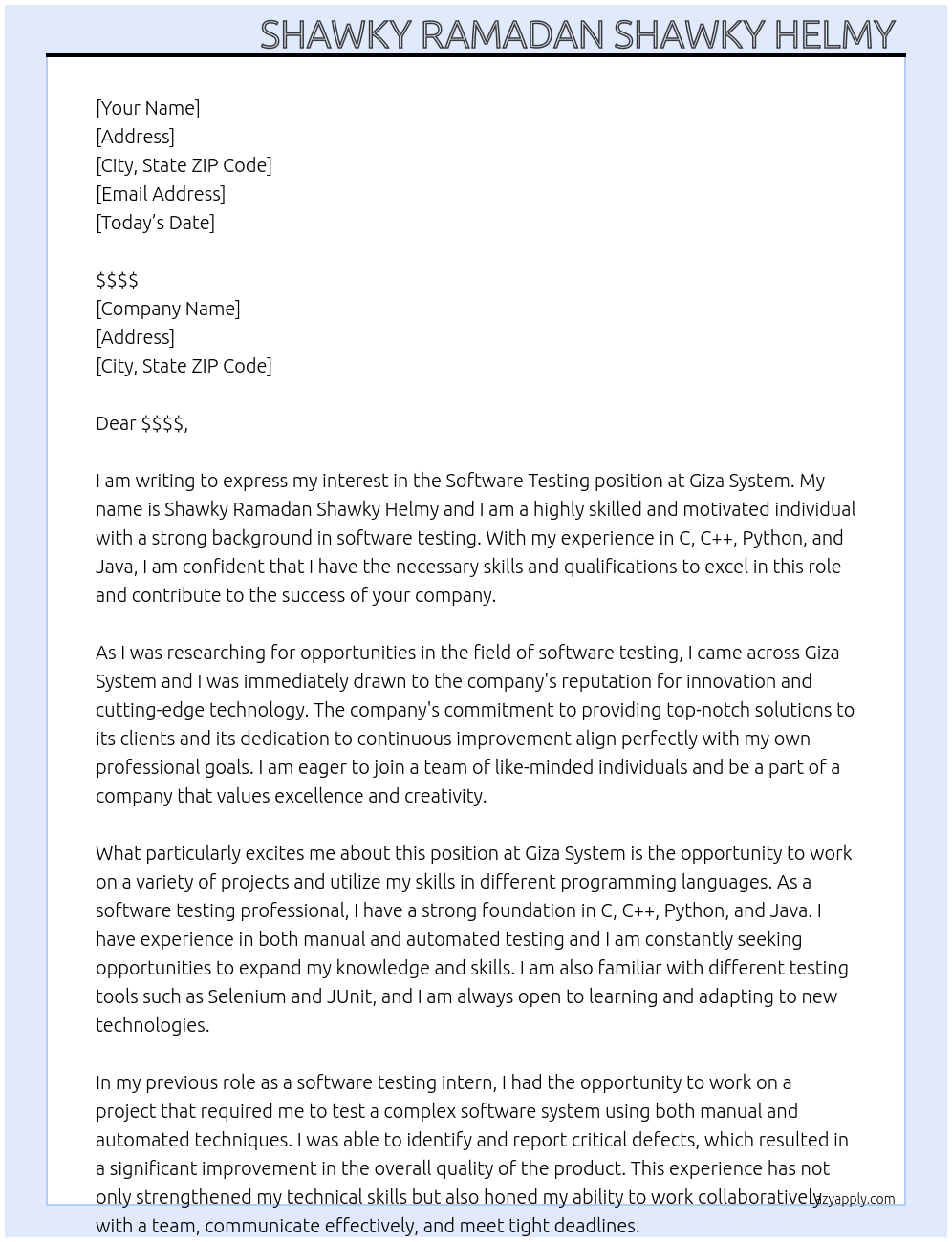 Software testing  At Giza System  Cover Letter