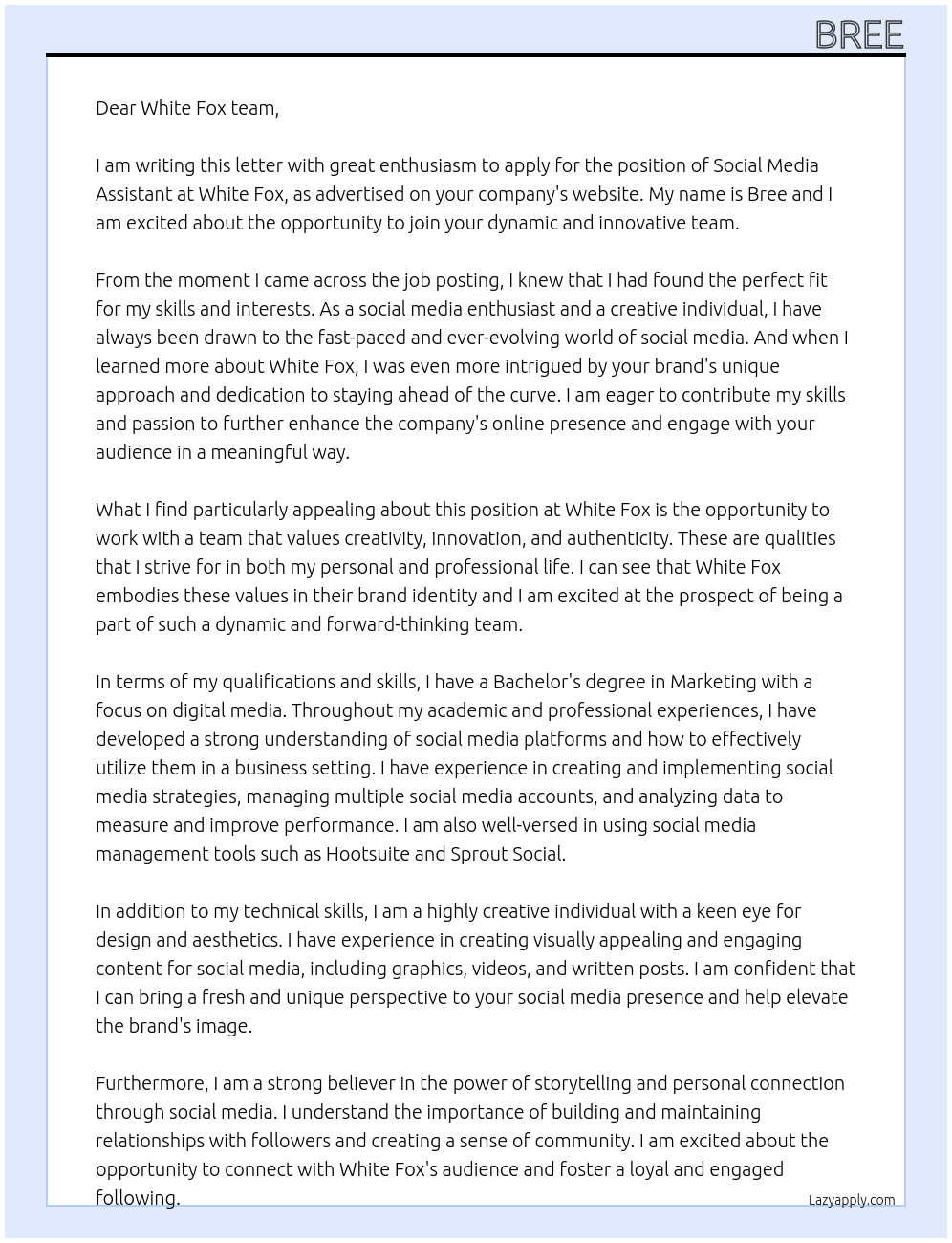 Social media assistant At White fox Cover Letter