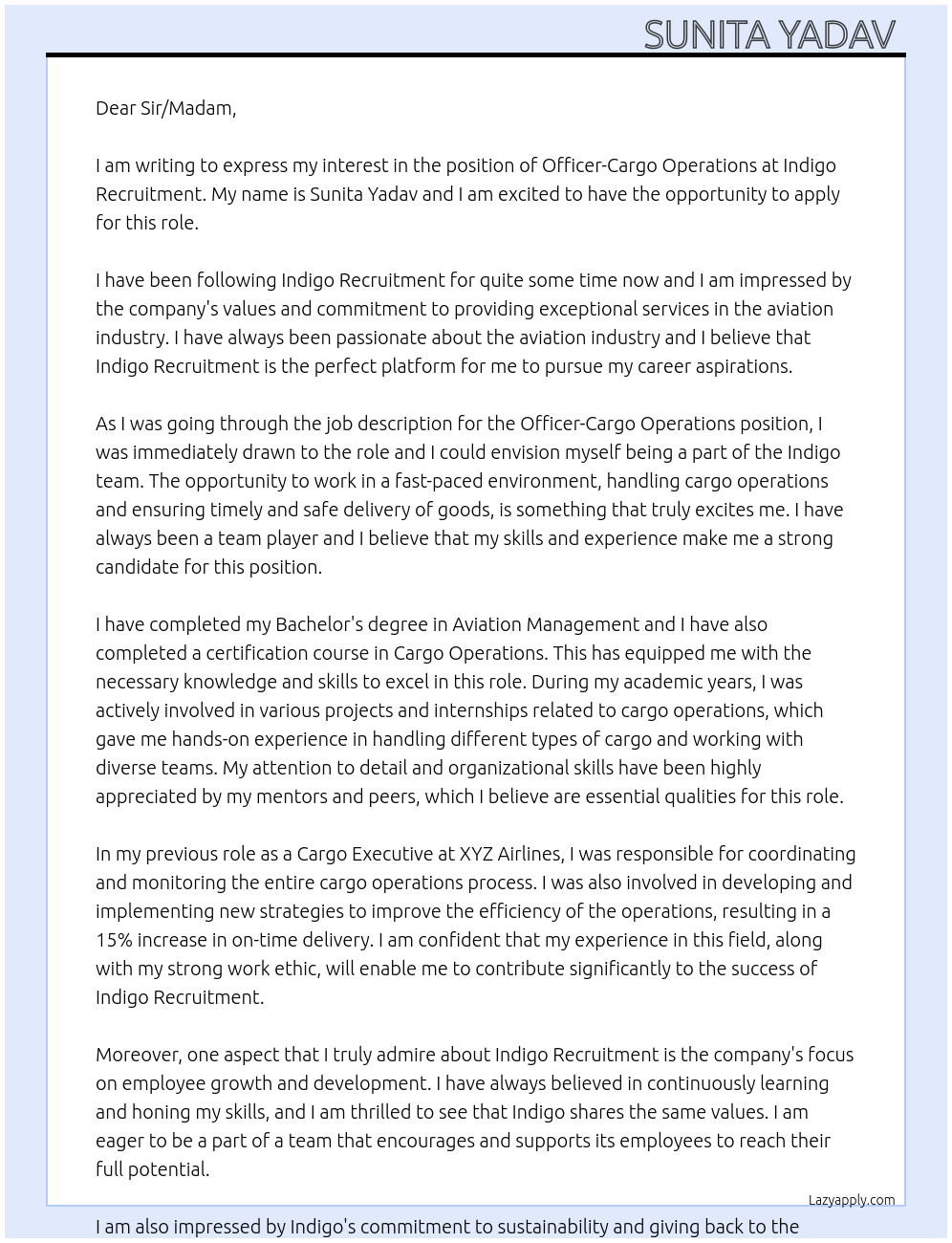 Officer-cargo operations At Indigo Recruitment Cover Letter