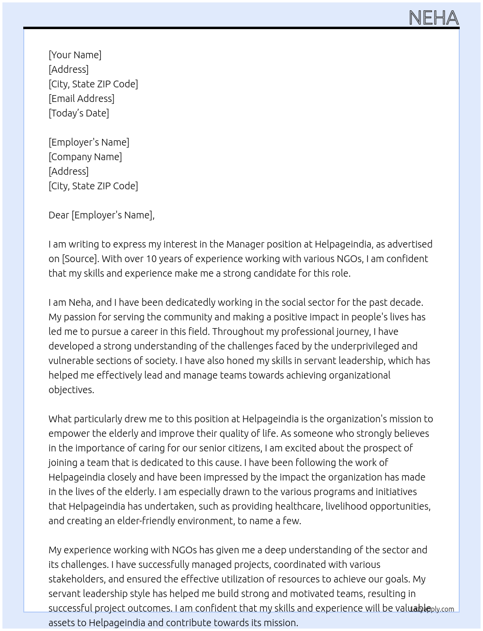 Manger  At Helpageindia  Cover Letter