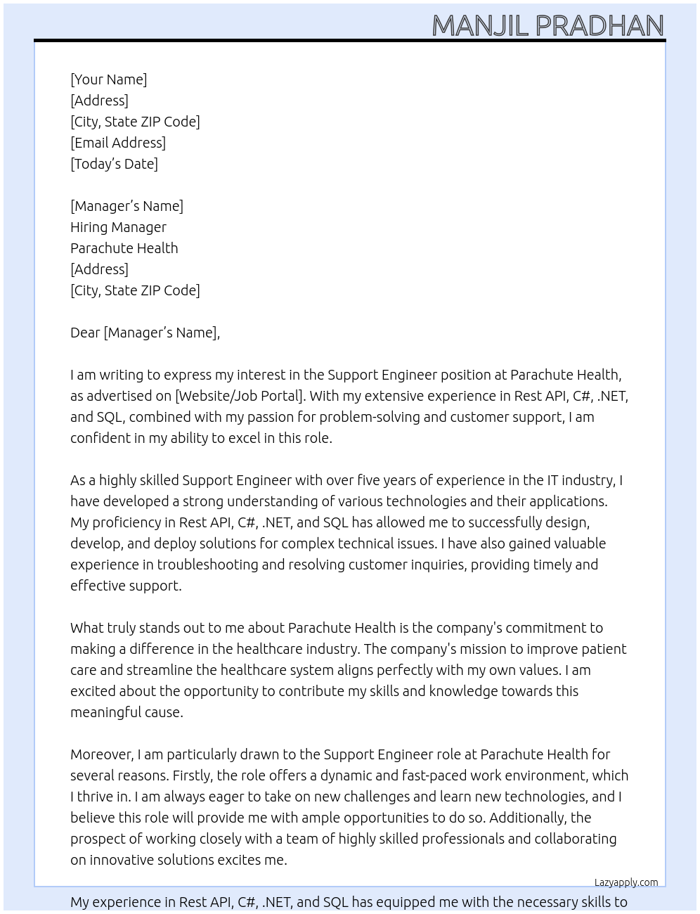 Support engineer At Parachute Health Cover Letter