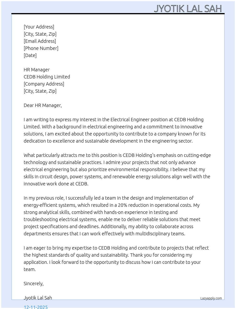 Cover letter for electrical engineer - LazyApply