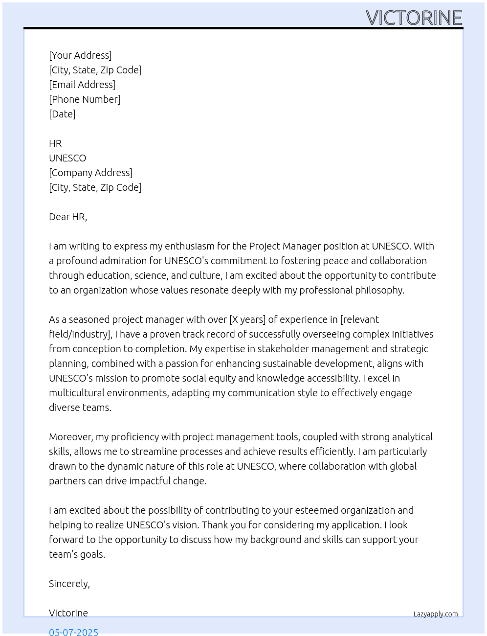 PROJECT MANAGER At UNESCO Cover Letter