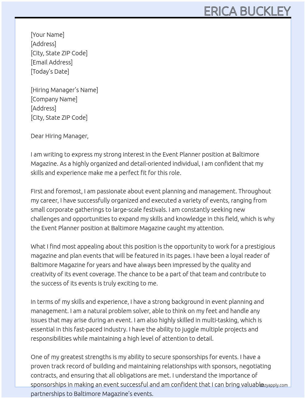 Event planner At Baltimore Magazine Cover Letter