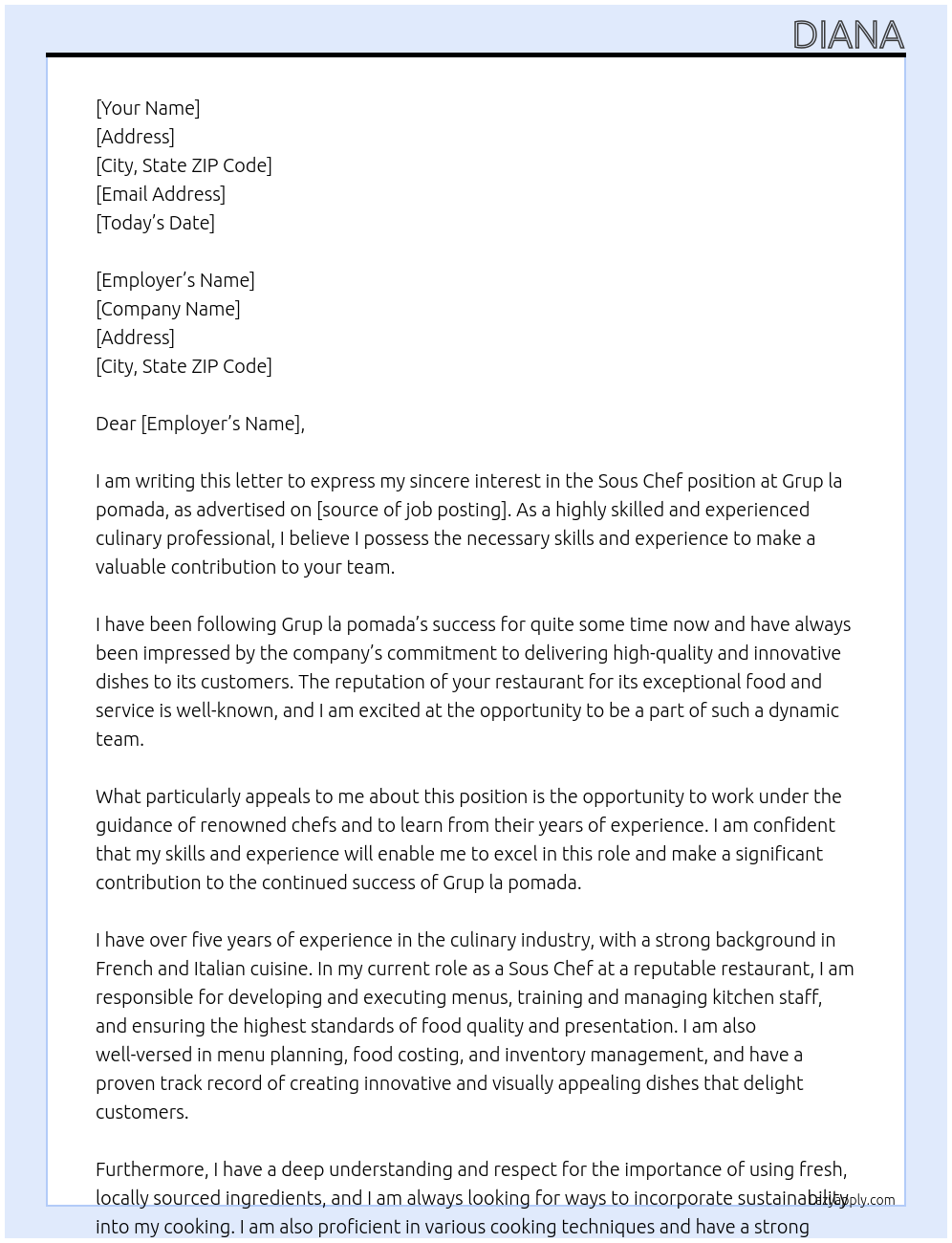 Sous Chef At Grup la pomada Cover Letter