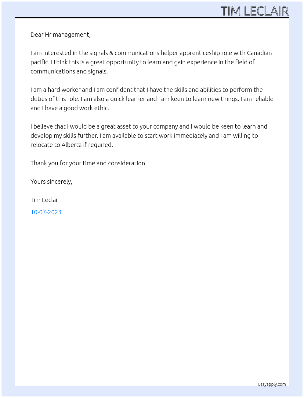 Signals & communications helper At Canadian pacific  Cover Letter