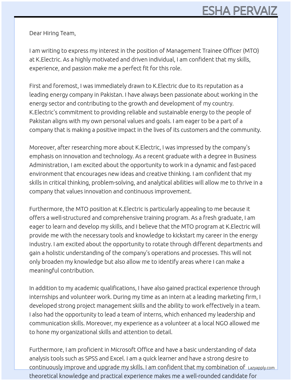 MTO At K.Electric Cover Letter