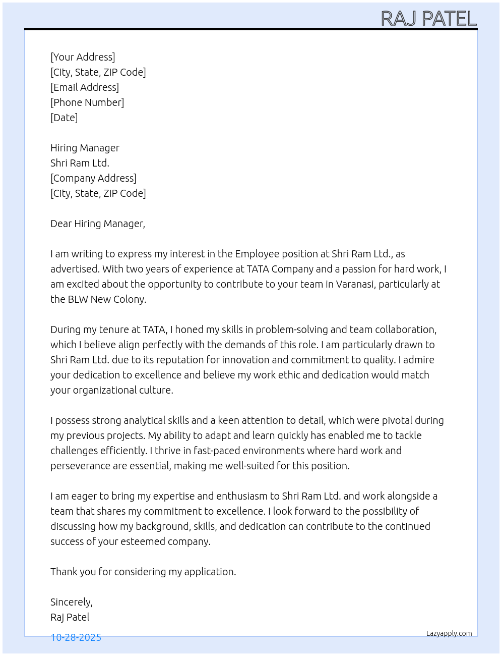 Cover letter for employee - LazyApply