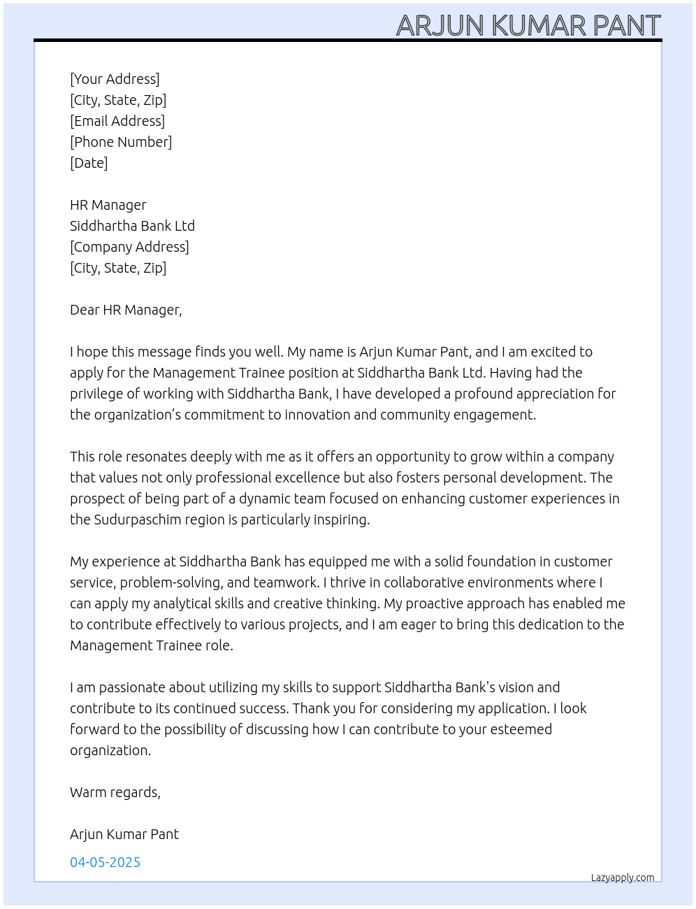 management trainee At Siddhartha bank ltd Cover Letter