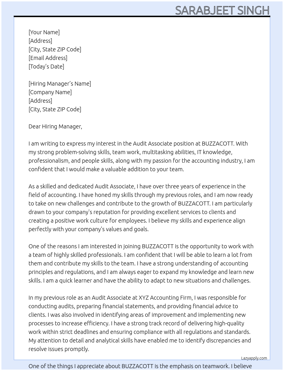 Audit Associate At BUZZACOTT Cover Letter