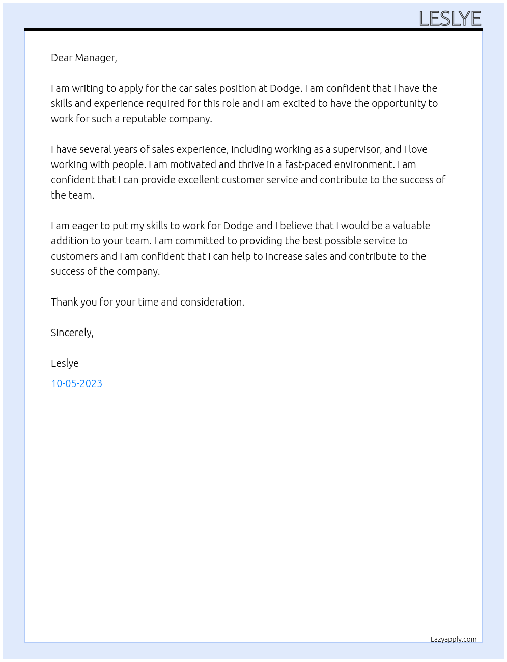 Car sales At Dodge Cover Letter