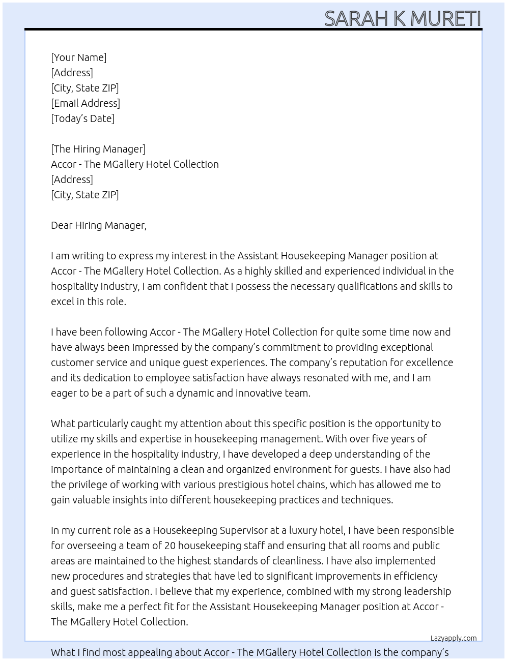 Assistant Housekeeping Manager At Accor - The MGallery Hotel Collection Cover Letter