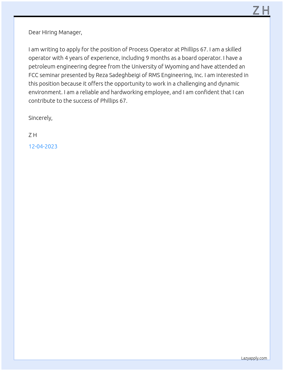 Process Operator At Phillips 67 Cover Letter