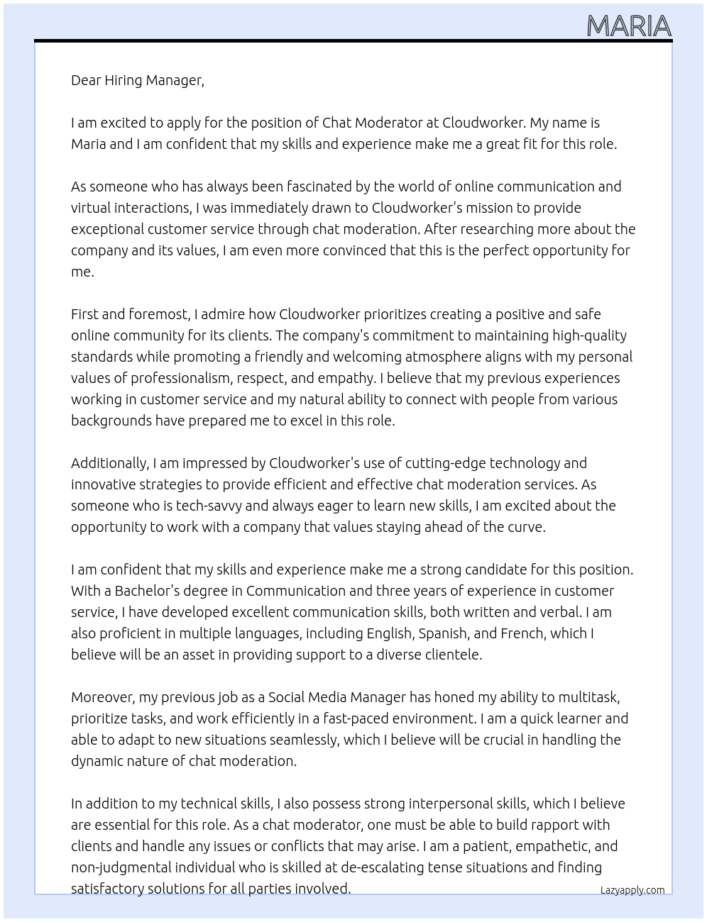 chat moderator At cloudworker Cover Letter