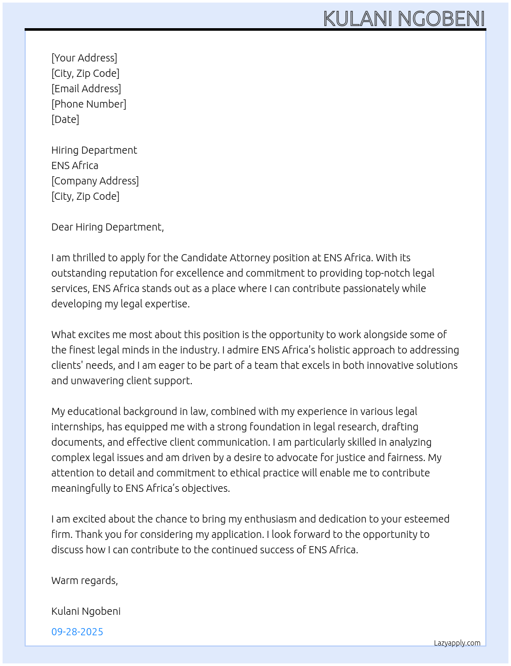 Candidate attorney At ENS AFRICA Cover Letter