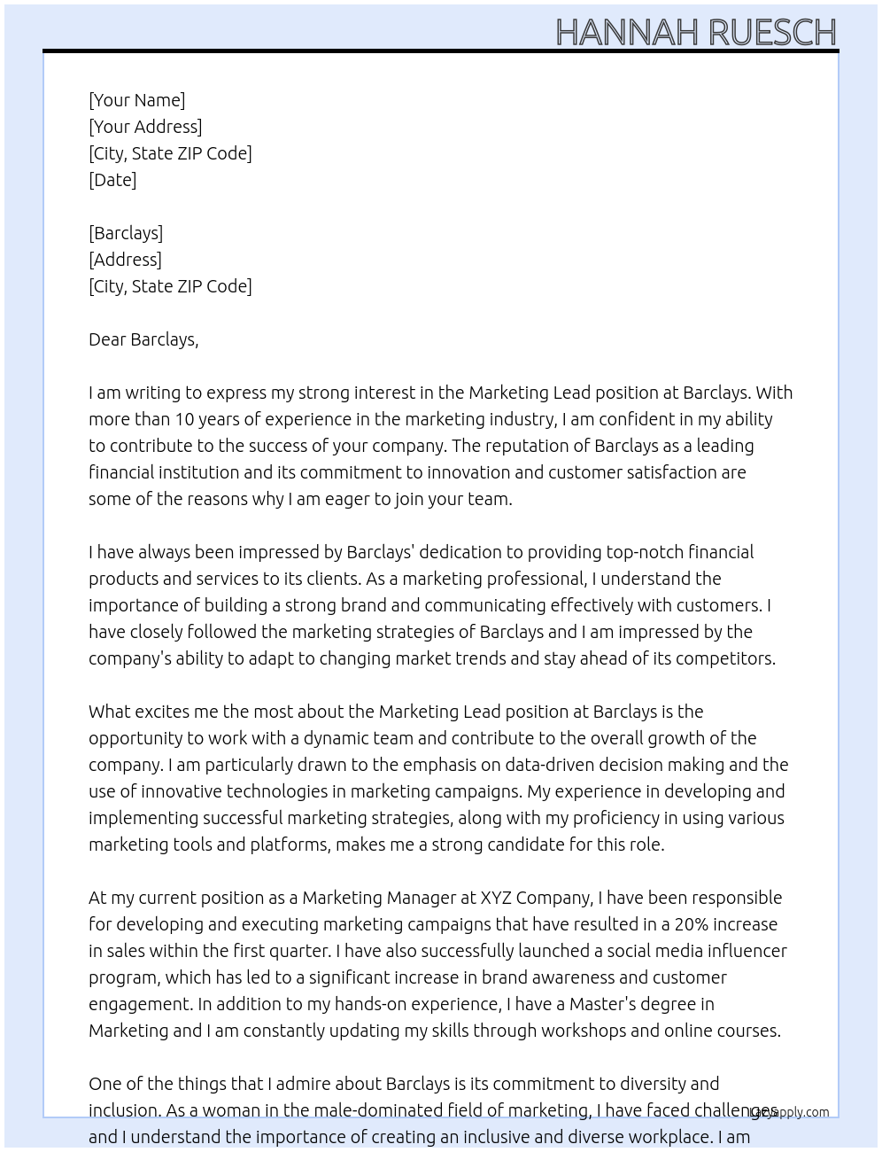 marketing lead At Barclays Cover Letter