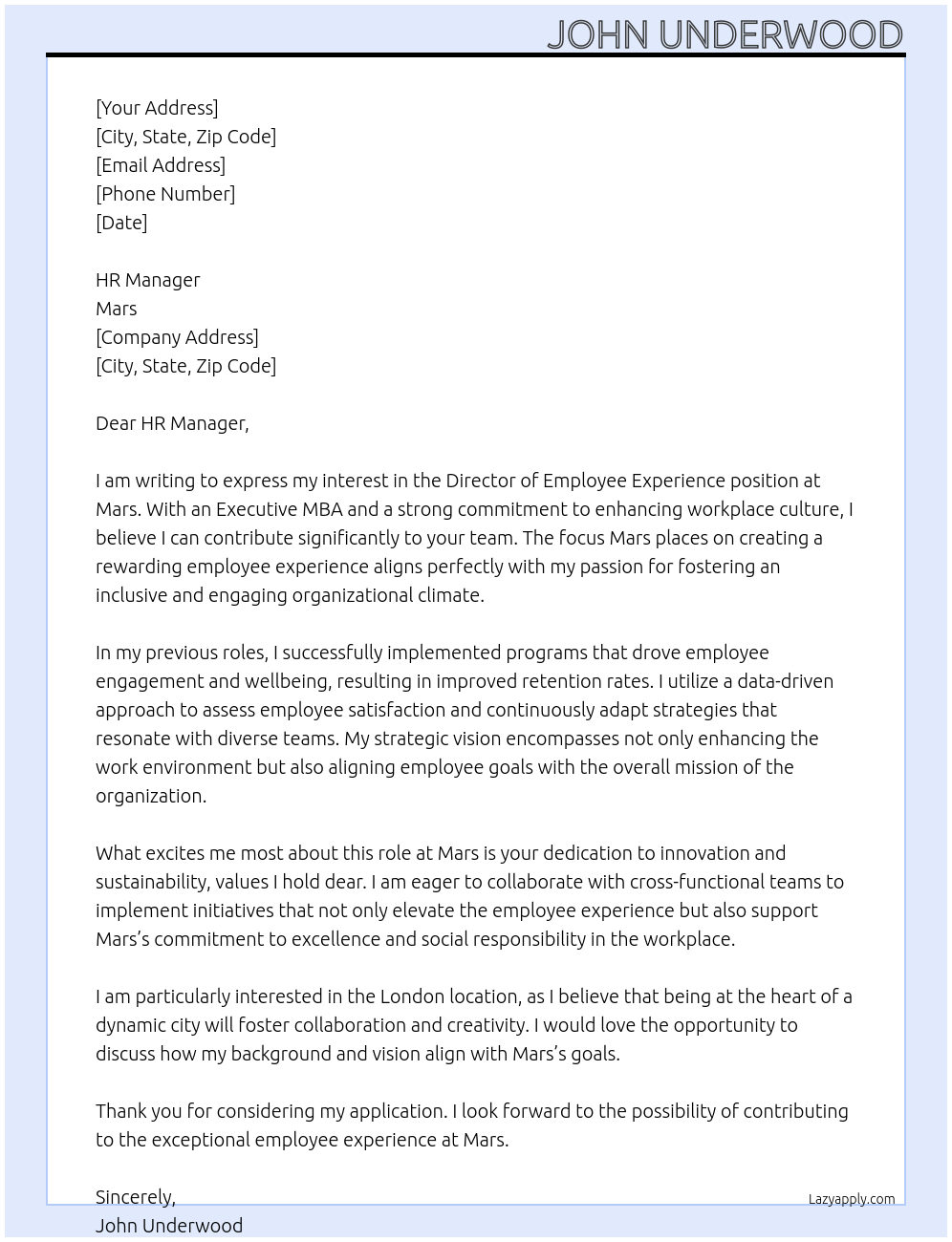 Director of Employee Experience At Mars Cover Letter