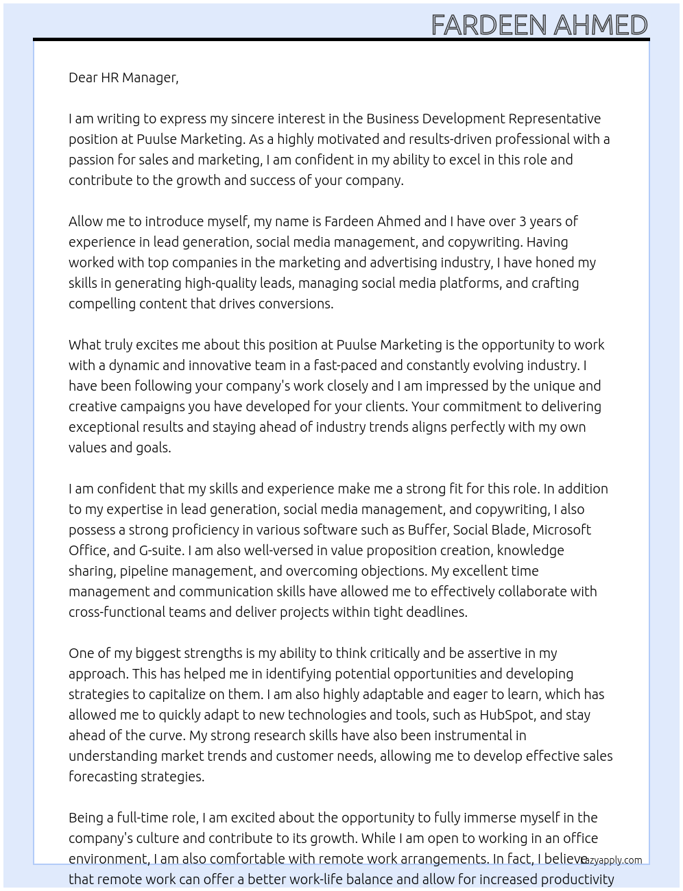 Business Development Representative At Puulse Marketing Cover Letter