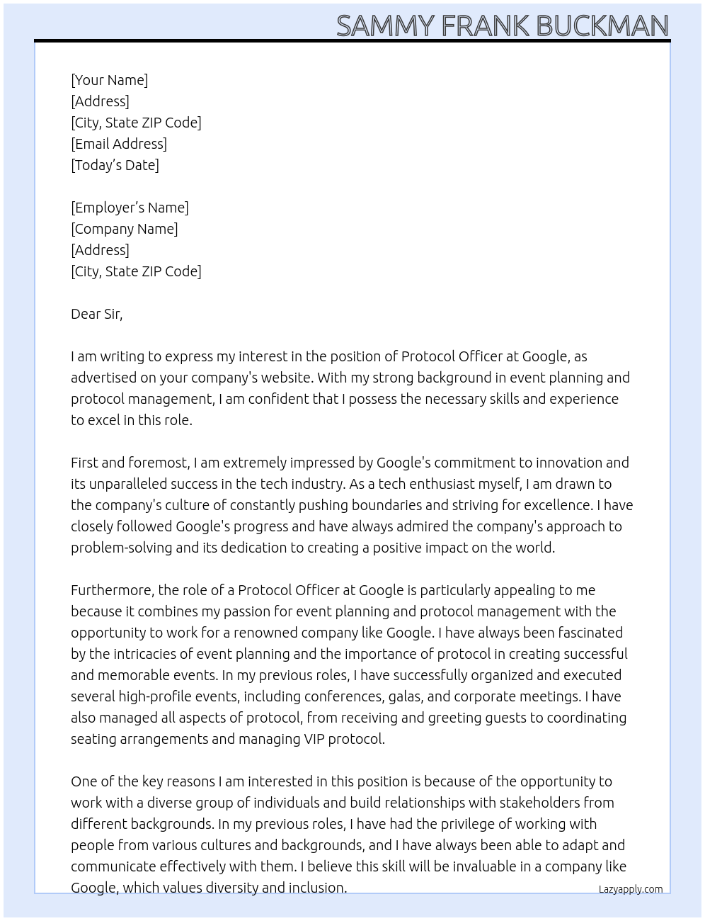 protocol officer At google Cover Letter