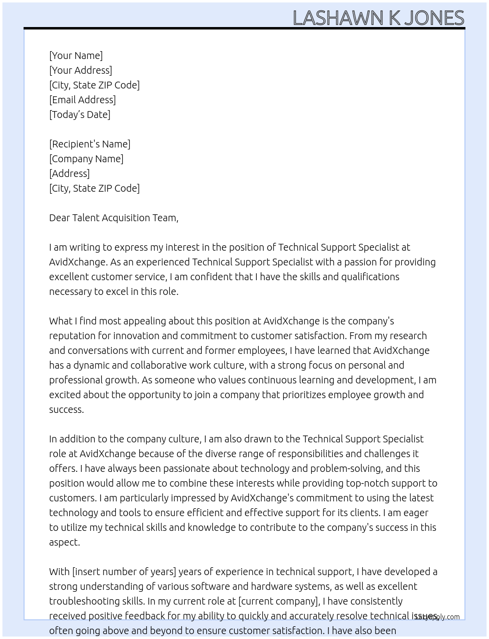 Technical Support Specialist At AvidXchange Cover Letter