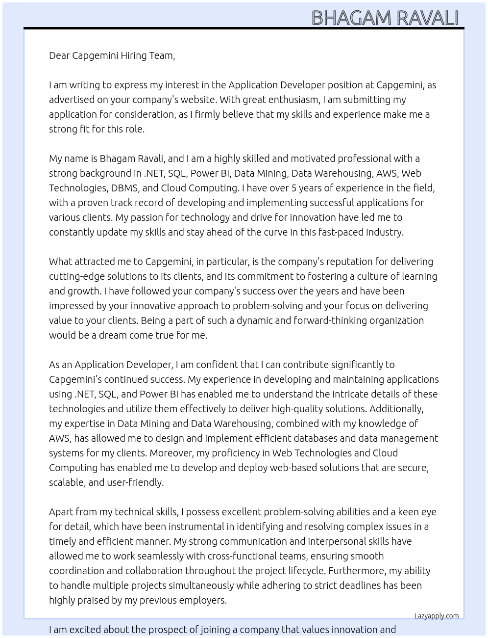 Application developer At Capgemini Cover Letter