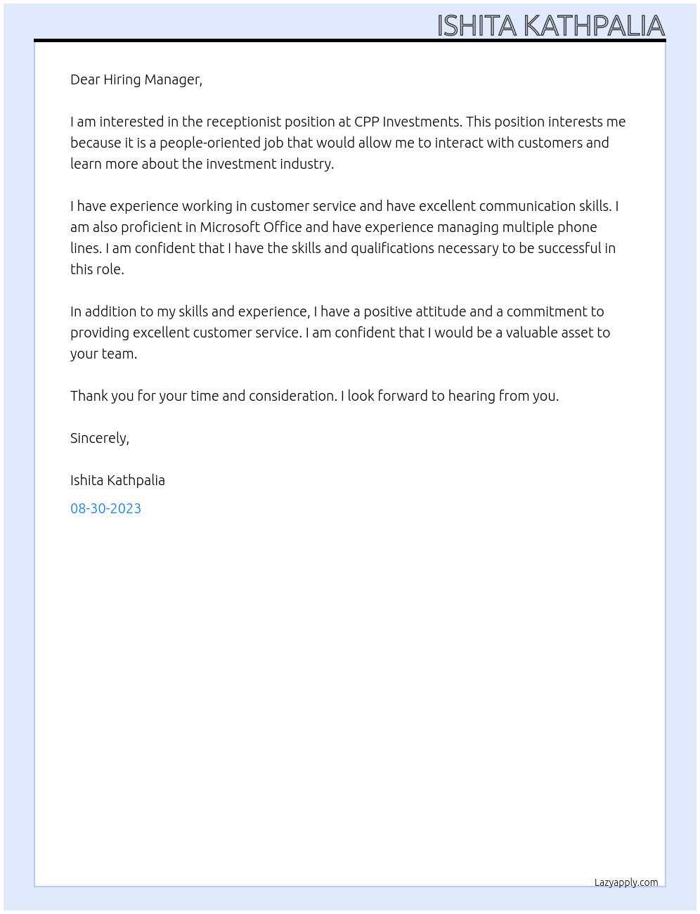 receptionist At CPP Investments Cover Letter