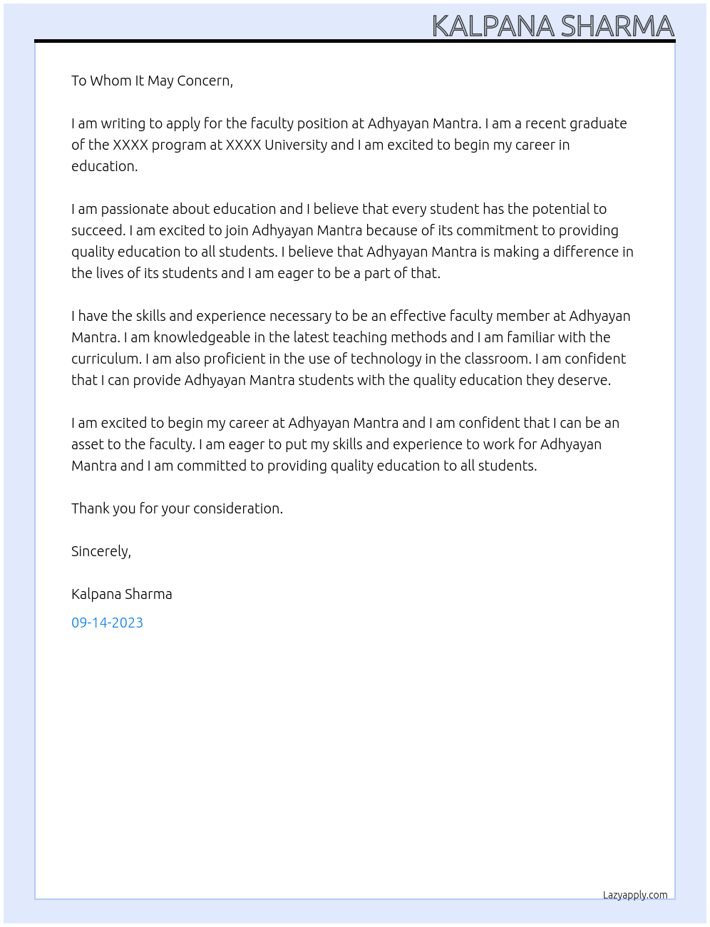 Faculty At Adhyayan Mantra Cover Letter