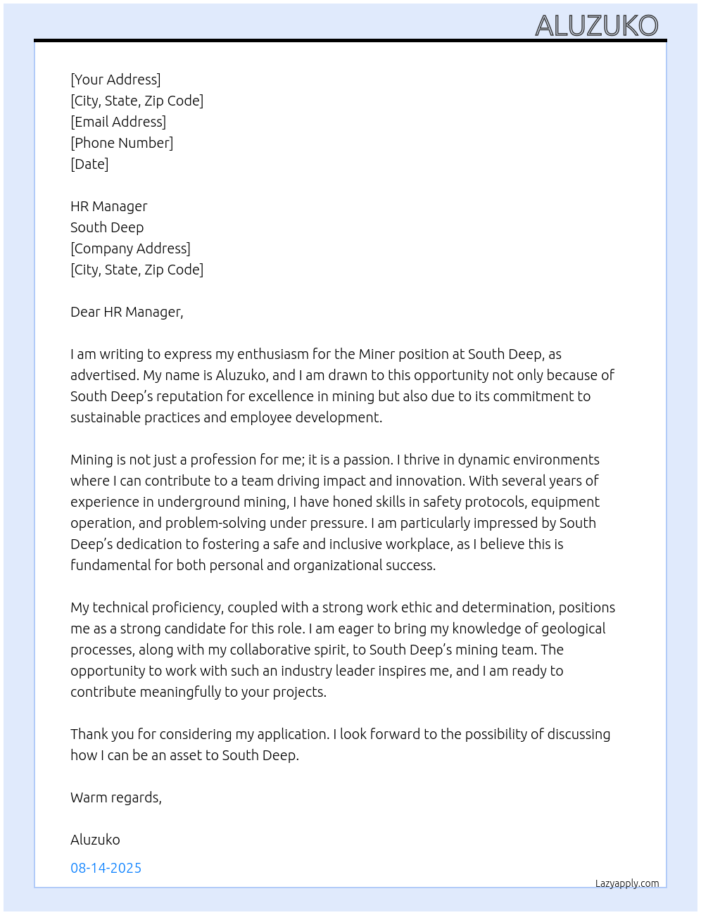 Cover letter for miner - LazyApply