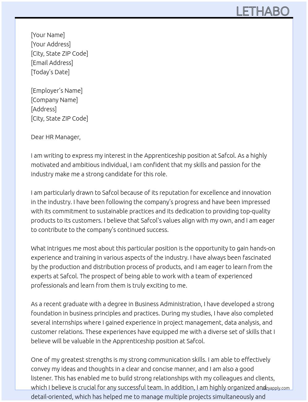 Apprenticeship At Safcol Cover Letter