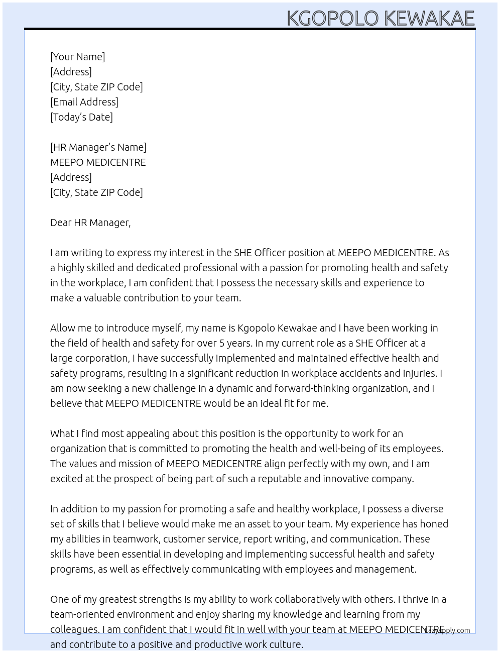 SHE OFFICER At MEEPO MEDICENTRE Cover Letter