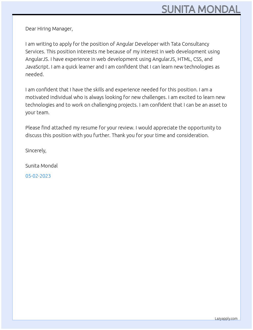 Angular Developer At Tata Consultancy Services Cover Letter