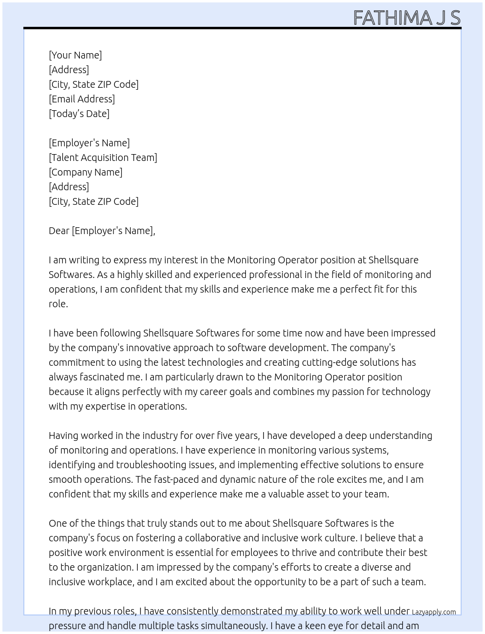 Monitoring Operator At Shellsqare Softwares Cover Letter