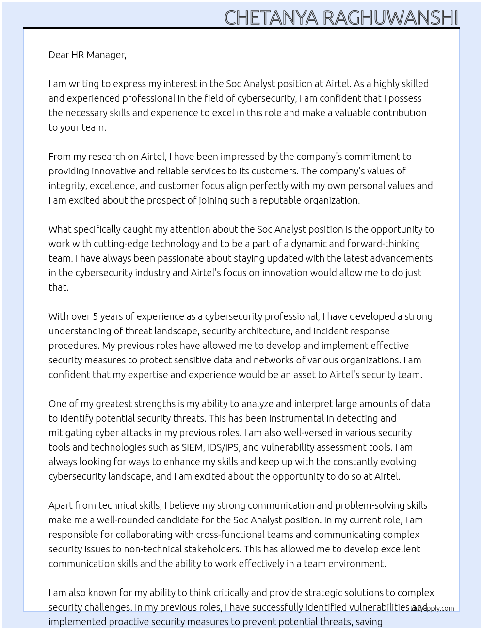soc analyst At airtel Cover Letter