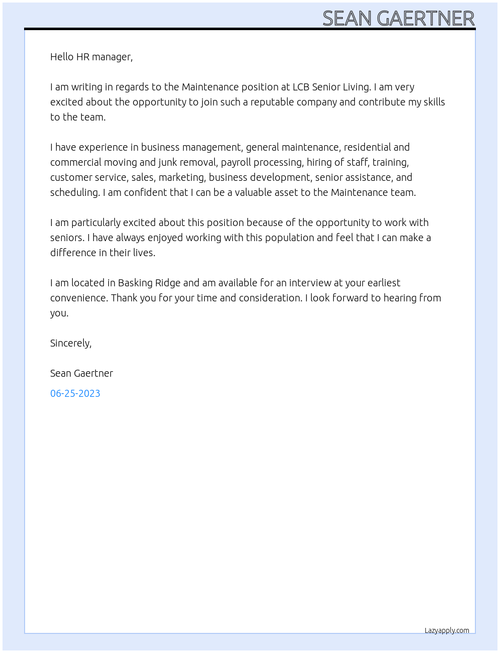 Maintenance  At LCB Senior Living Cover Letter
