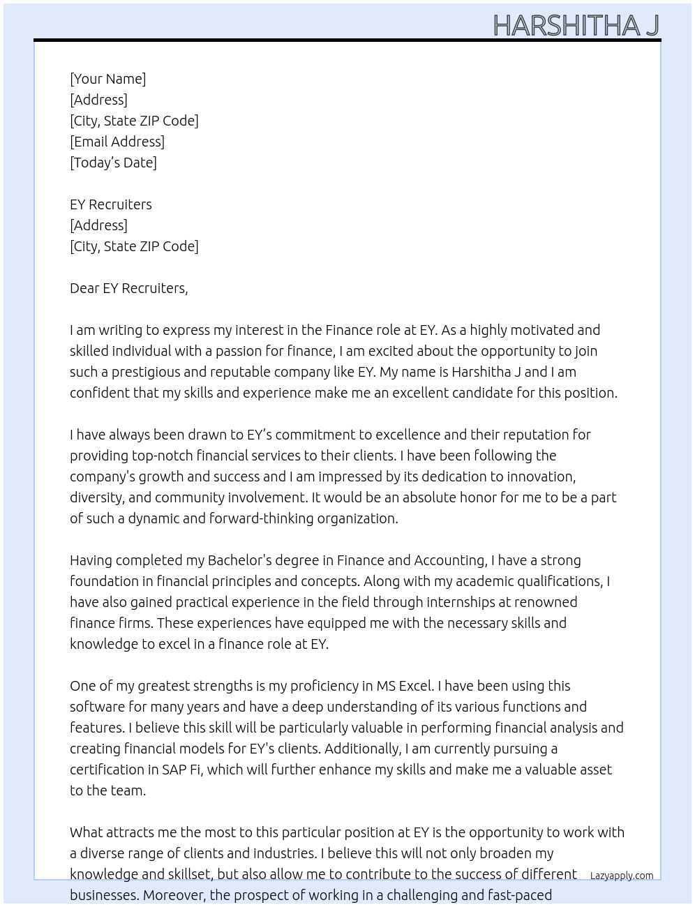 Finance role  At EY Cover Letter